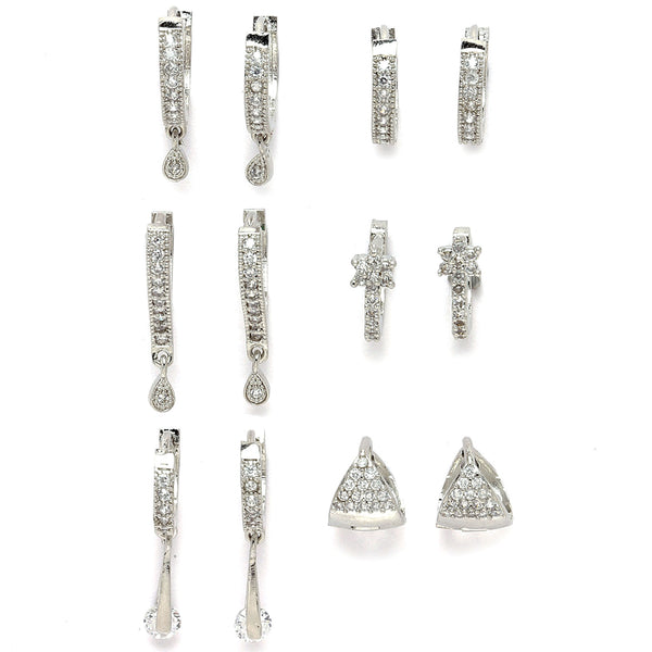 Rhodium-Plated Silver Toned White American Diamond studded Teardrop Shaped Hoop Earrings (Combo Of 6)