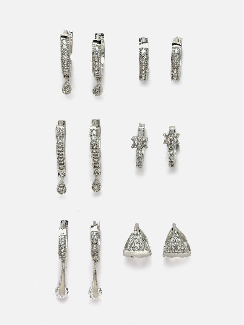 Rhodium-Plated Silver Toned White American Diamond studded Teardrop Shaped Hoop Earrings (Combo Of 6)