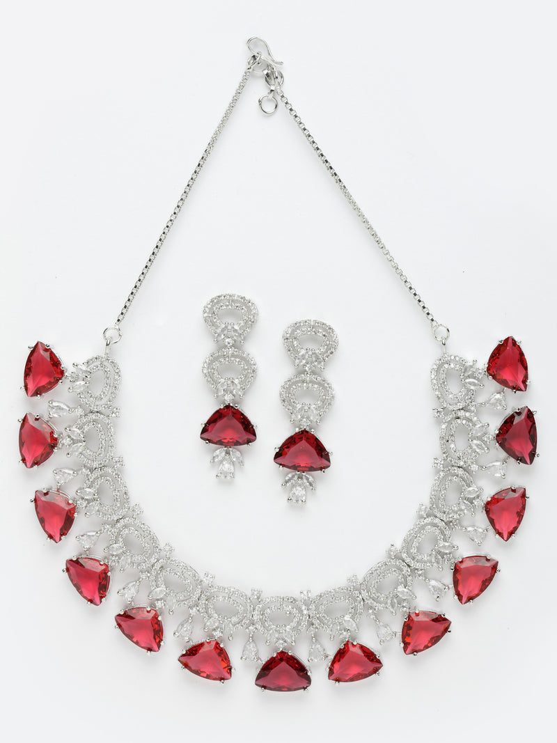 Rhodium-Plated with Silver-Toned Red and White American Diamond Studded Choker Necklace and Drop Earrings Jewellery Set