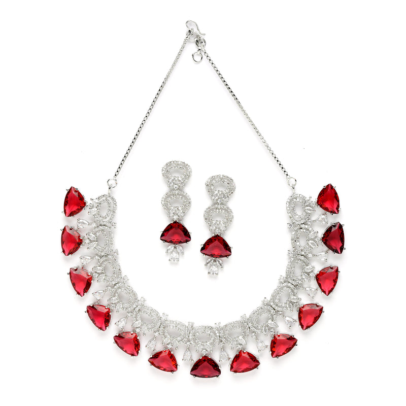 Rhodium-Plated with Silver-Toned Red and White American Diamond Studded Choker Necklace and Drop Earrings Jewellery Set