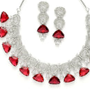Rhodium-Plated with Silver-Toned Red and White American Diamond Studded Choker Necklace and Drop Earrings Jewellery Set