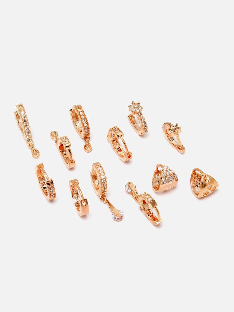 Rose Gold-Plated White American Diamond studded Teardrop Shaped Hoop Earrings (Combo Of 6)