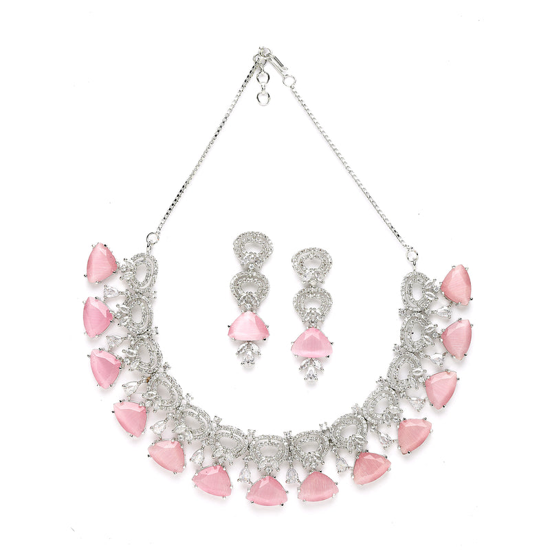 Rhodium-Plated with Silver-Toned Pink and White American Diamond Studded Choker Necklace and Drop Earrings Jewellery Set