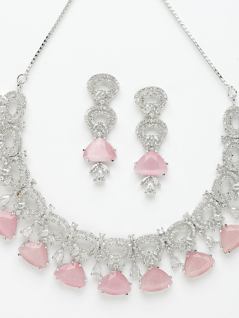 Rhodium-Plated with Silver-Toned Pink and White American Diamond Studded Choker Necklace and Drop Earrings Jewellery Set