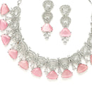 Rhodium-Plated with Silver-Toned Pink and White American Diamond Studded Choker Necklace and Drop Earrings Jewellery Set