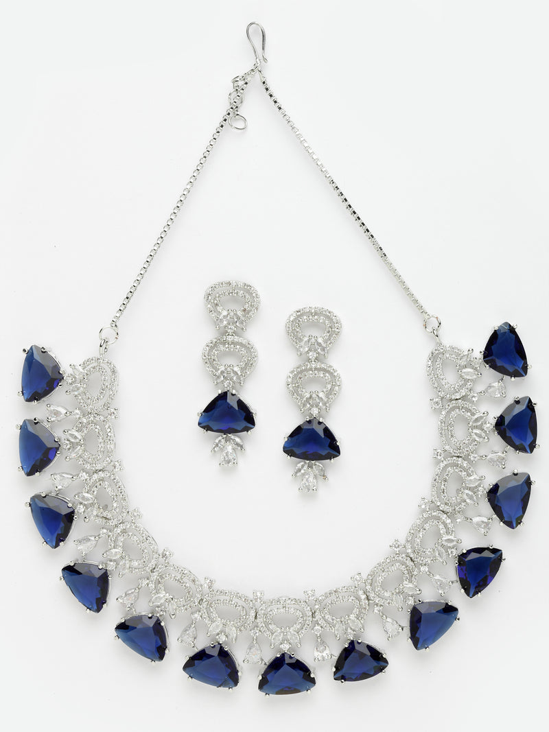 Rhodium-Plated with Silver-Toned Navy Blue and White American Diamond Studded Choker Necklace and Drop Earrings Jewellery Set