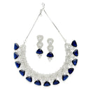 Rhodium-Plated with Silver-Toned Navy Blue and White American Diamond Studded Choker Necklace and Drop Earrings Jewellery Set
