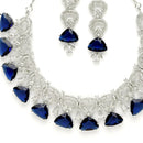 Rhodium-Plated with Silver-Toned Navy Blue and White American Diamond Studded Choker Necklace and Drop Earrings Jewellery Set