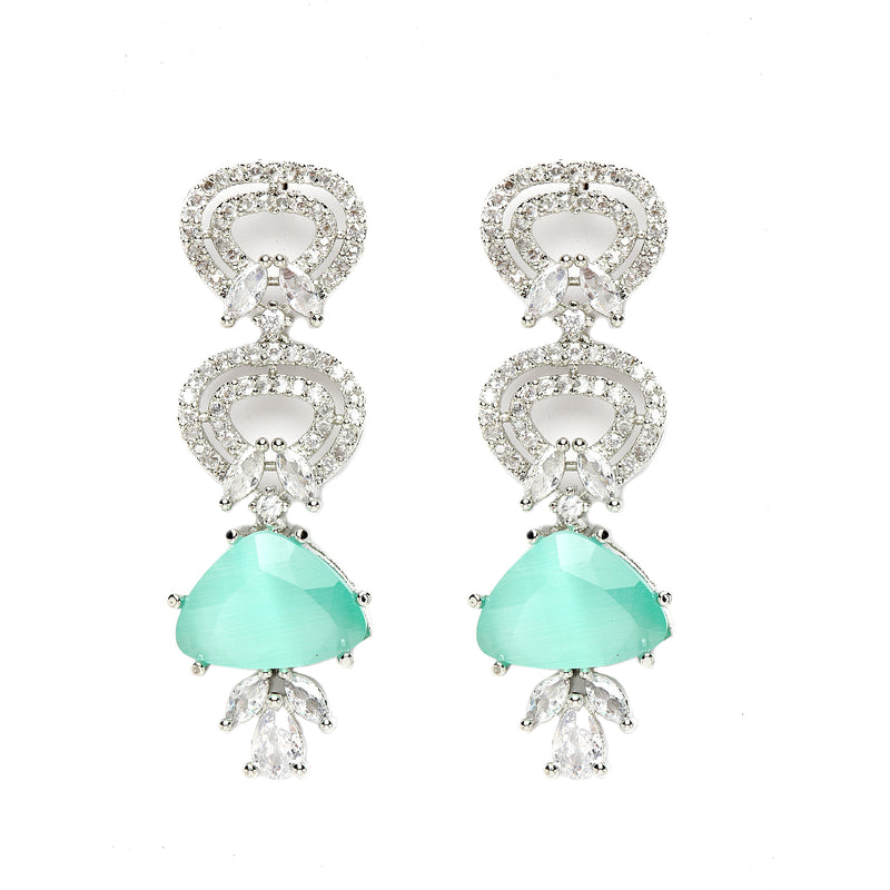 Rhodium-Plated with Silver-Toned Sea Green and White American Diamond Studded Choker Necklace and Drop Earrings Jewellery Set