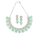 Rhodium-Plated with Silver-Toned Sea Green and White American Diamond Studded Choker Necklace and Drop Earrings Jewellery Set