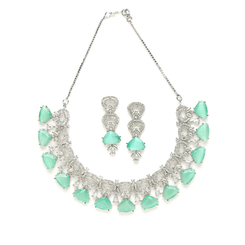 Rhodium-Plated with Silver-Toned Sea Green and White American Diamond Studded Choker Necklace and Drop Earrings Jewellery Set