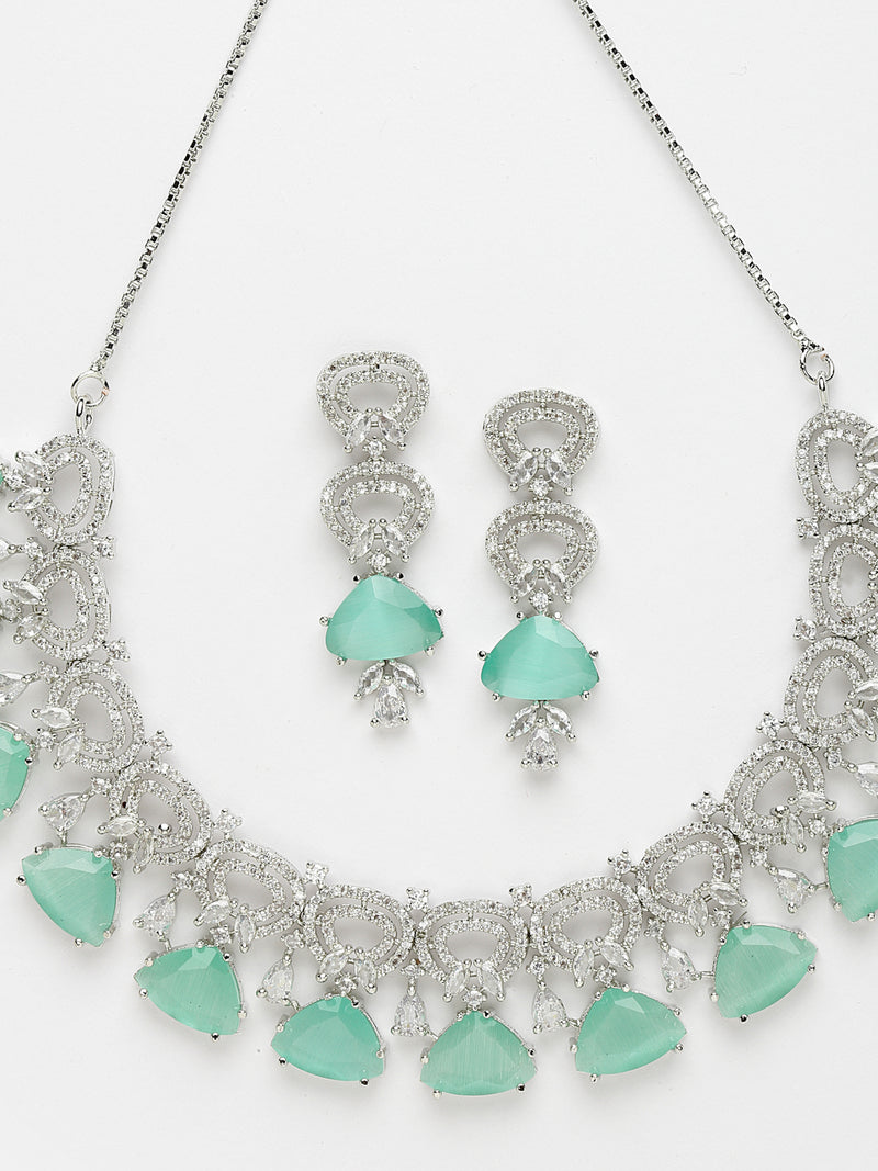 Rhodium-Plated with Silver-Toned Sea Green and White American Diamond Studded Choker Necklace and Drop Earrings Jewellery Set