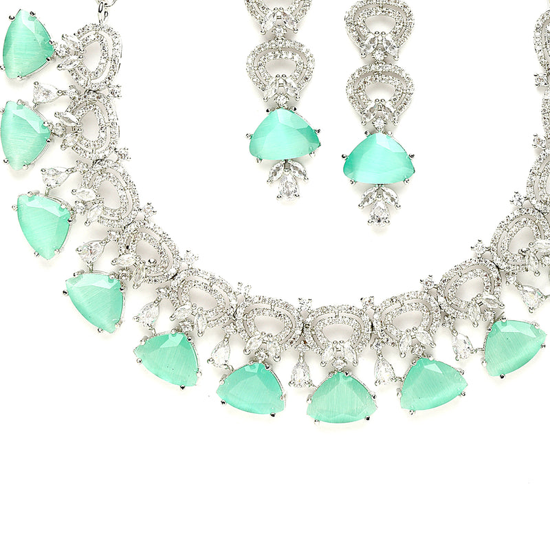 Rhodium-Plated with Silver-Toned Sea Green and White American Diamond Studded Choker Necklace and Drop Earrings Jewellery Set