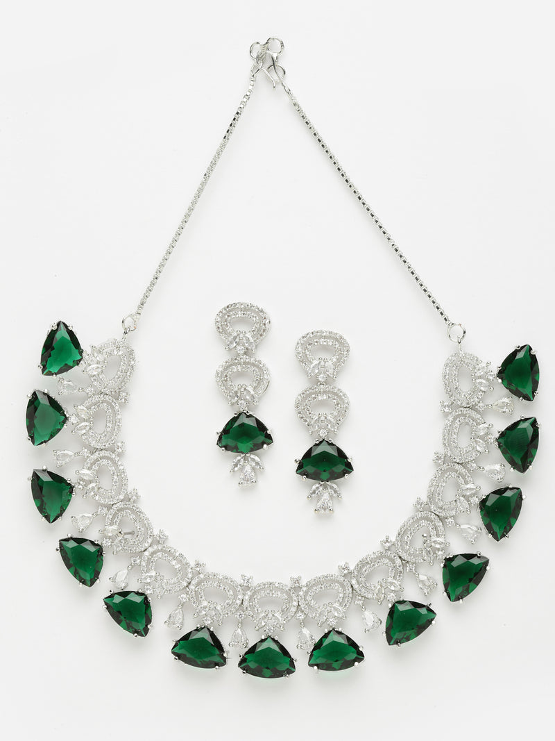 Rhodium-Plated with Silver-Toned Green and White American Diamond Studded Choker Necklace and Drop Earrings Jewellery Set