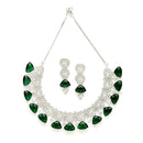 Rhodium-Plated with Silver-Toned Green and White American Diamond Studded Choker Necklace and Drop Earrings Jewellery Set