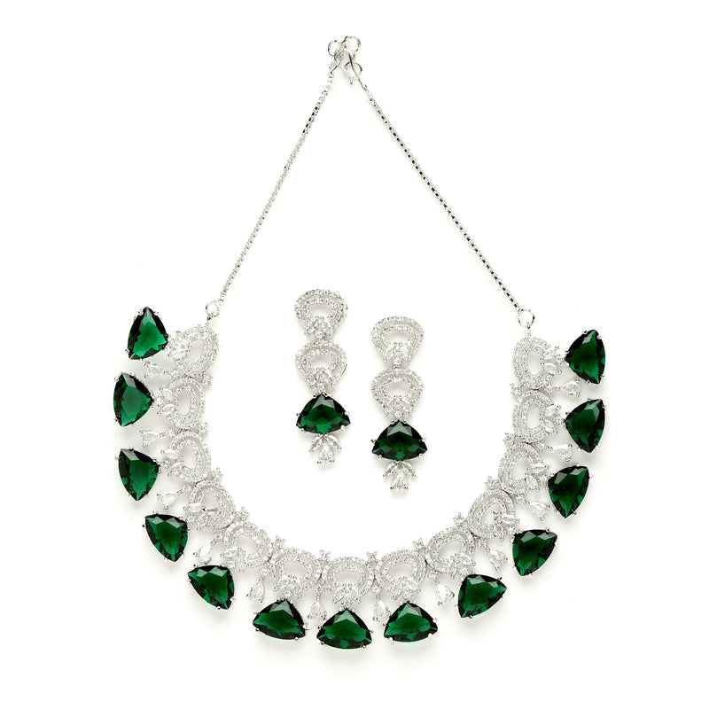 Rhodium-Plated with Silver-Toned Green and White American Diamond Studded Choker Necklace and Drop Earrings Jewellery Set
