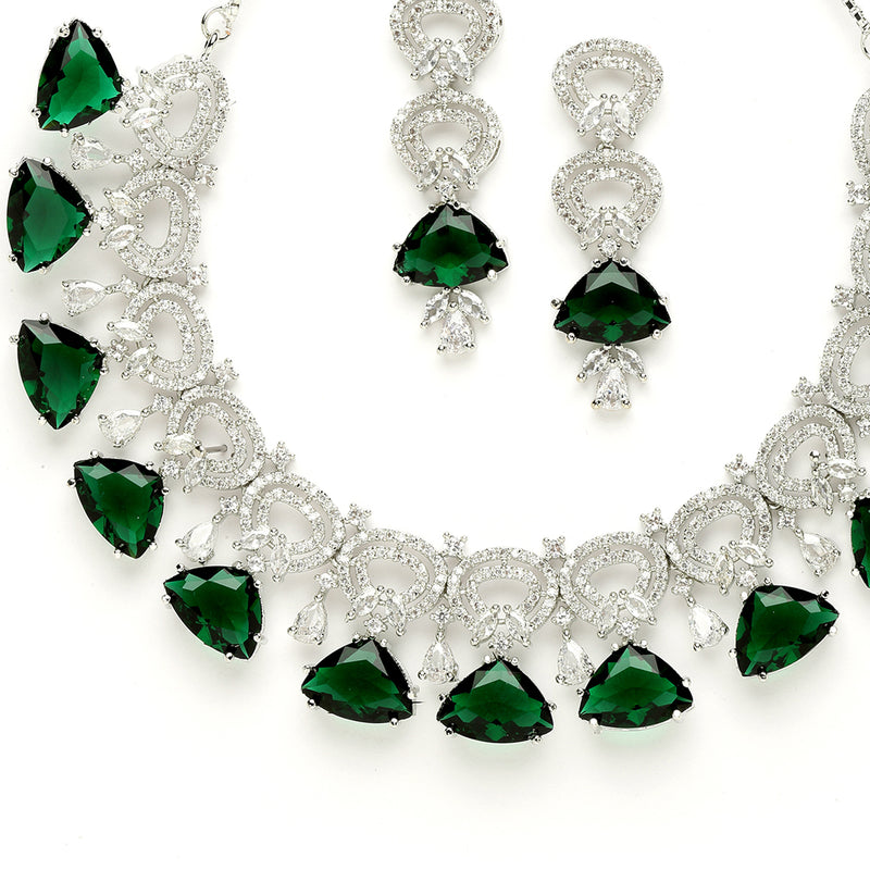 Rhodium-Plated with Silver-Toned Green and White American Diamond Studded Choker Necklace and Drop Earrings Jewellery Set