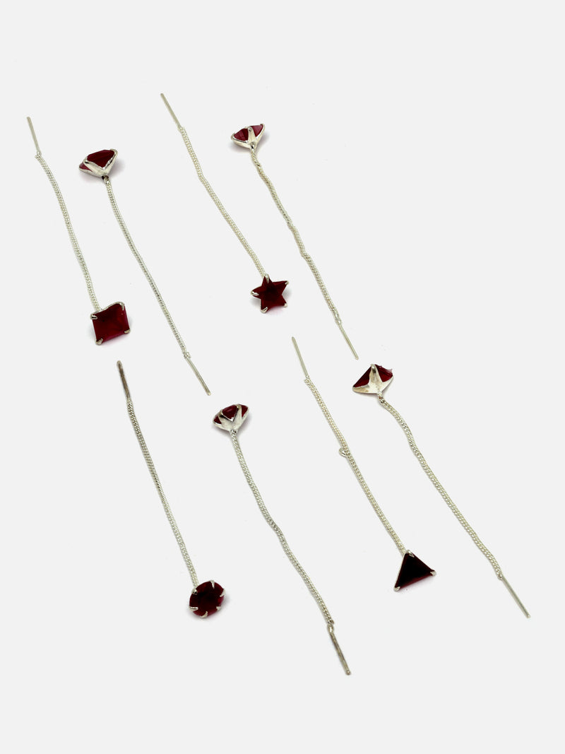 Rhodium-Plated Silver Toned Red American Diamond studded Needle Drop Earrings (Combo Of 4)