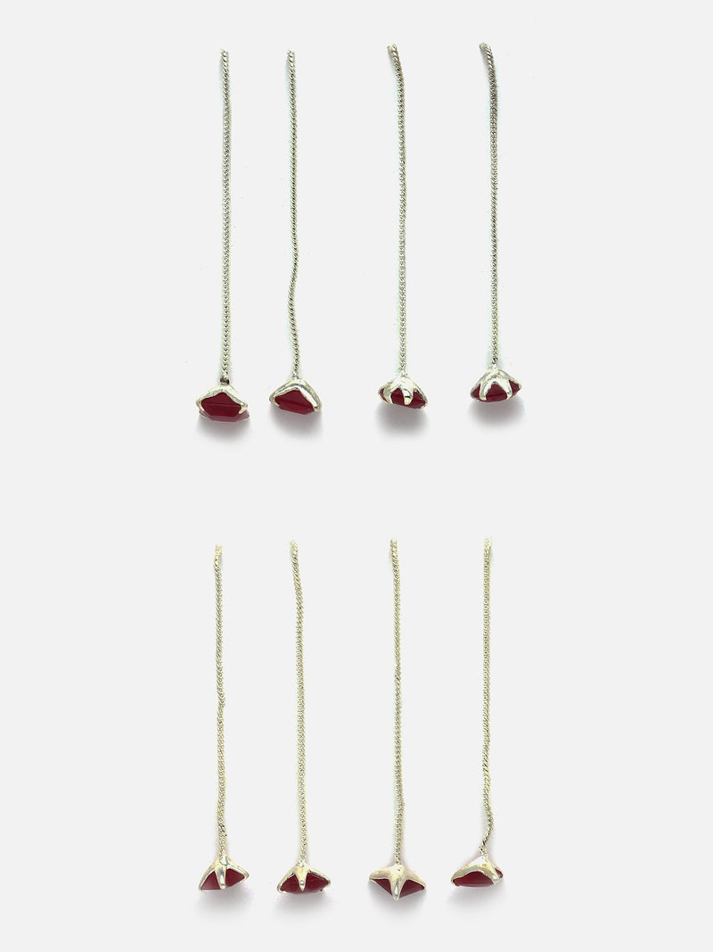 Rhodium-Plated Silver Toned Red American Diamond studded Needle Drop Earrings (Combo Of 4)