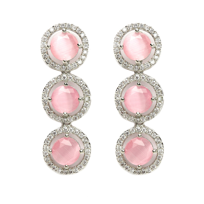 Rhodium-Plated with Silver-Toned Circular Shape Pink and White American Diamond Studded Jewellery Set