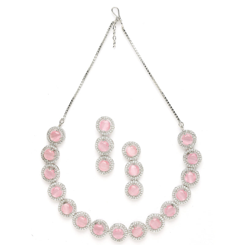 Rhodium-Plated with Silver-Toned Circular Shape Pink and White American Diamond Studded Jewellery Set