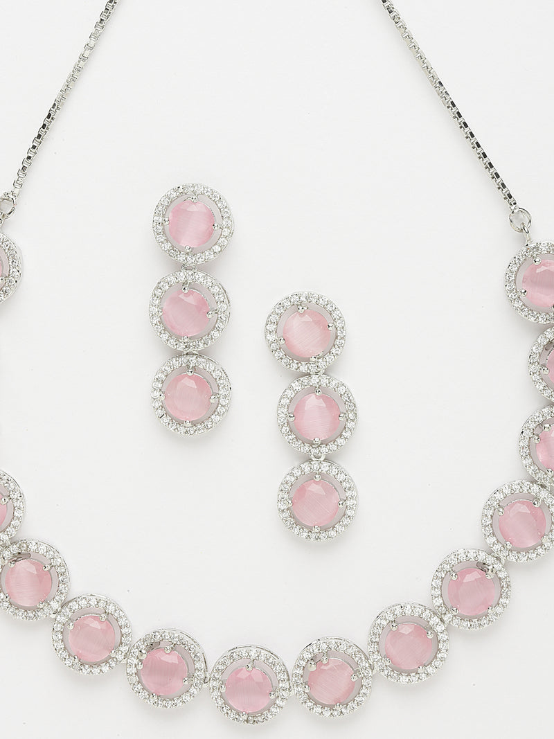 Rhodium-Plated with Silver-Toned Circular Shape Pink and White American Diamond Studded Jewellery Set