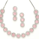 Rhodium-Plated with Silver-Toned Circular Shape Pink and White American Diamond Studded Jewellery Set