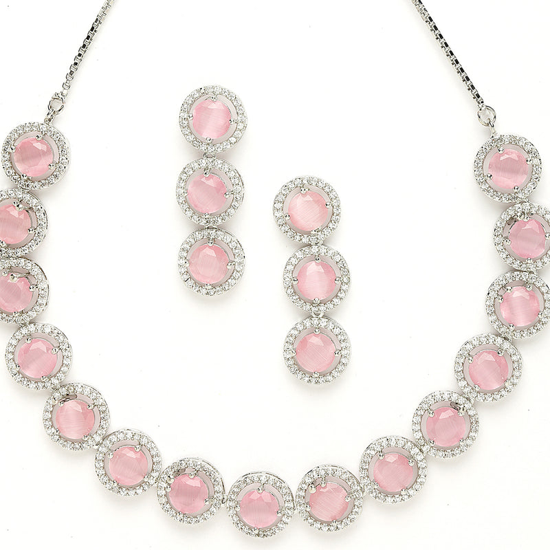 Rhodium-Plated with Silver-Toned Circular Shape Pink and White American Diamond Studded Jewellery Set