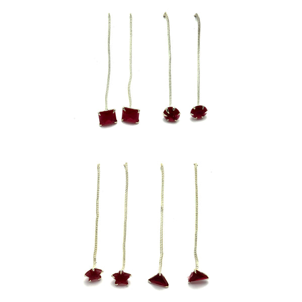 Rhodium-Plated Silver Toned Red American Diamond studded Needle Drop Earrings (Combo Of 4)