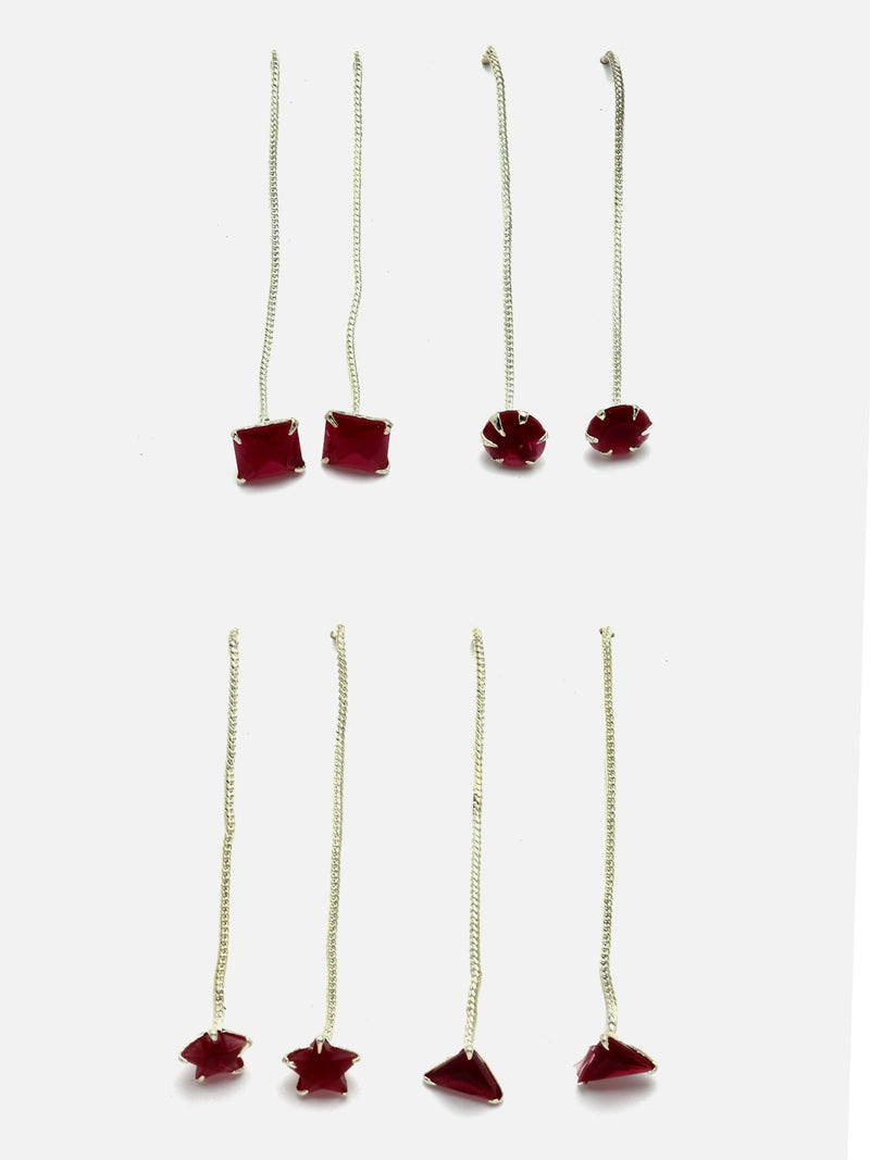 Rhodium-Plated Silver Toned Red American Diamond studded Needle Drop Earrings (Combo Of 4)