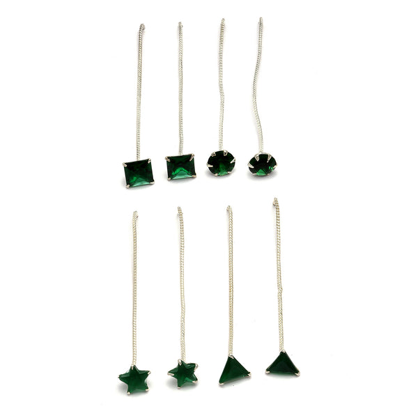 Rhodium-Plated Silver Toned Green American Diamond studded Needle Drop Earrings (Combo Of 4)