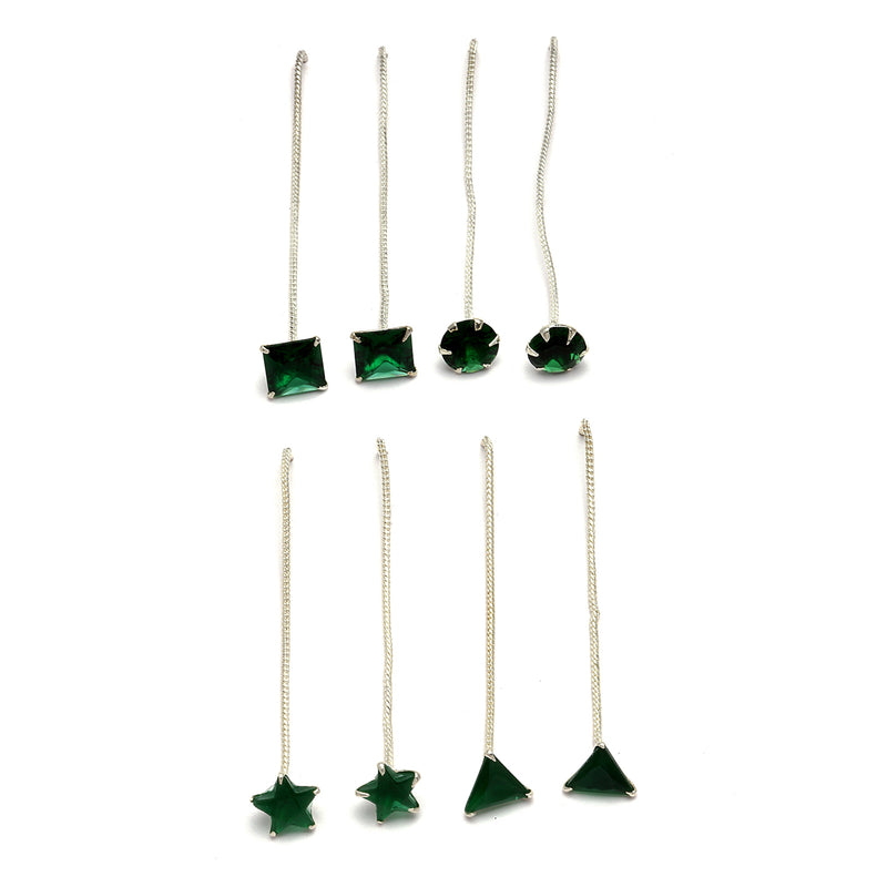 Rhodium-Plated Silver Toned Green American Diamond studded Needle Drop Earrings (Combo Of 4)