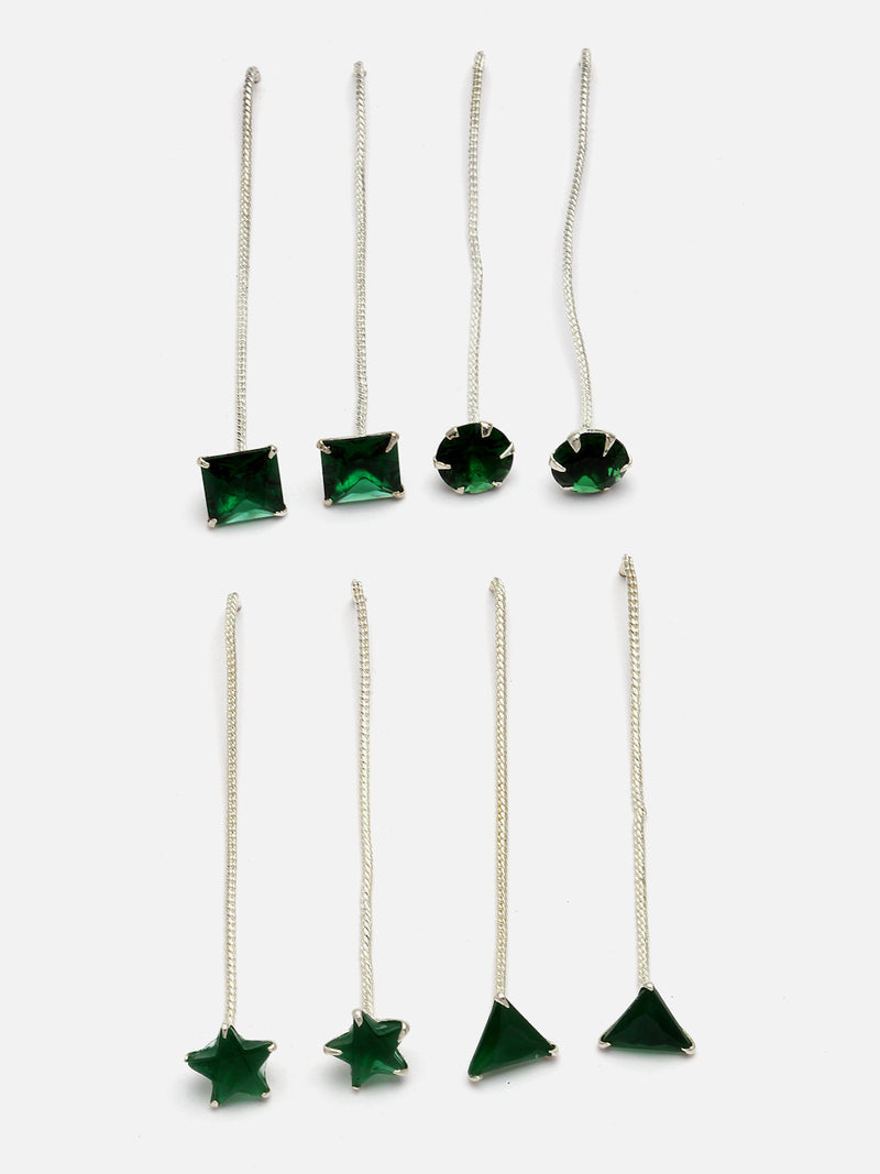 Rhodium-Plated Silver Toned Green American Diamond studded Needle Drop Earrings (Combo Of 4)