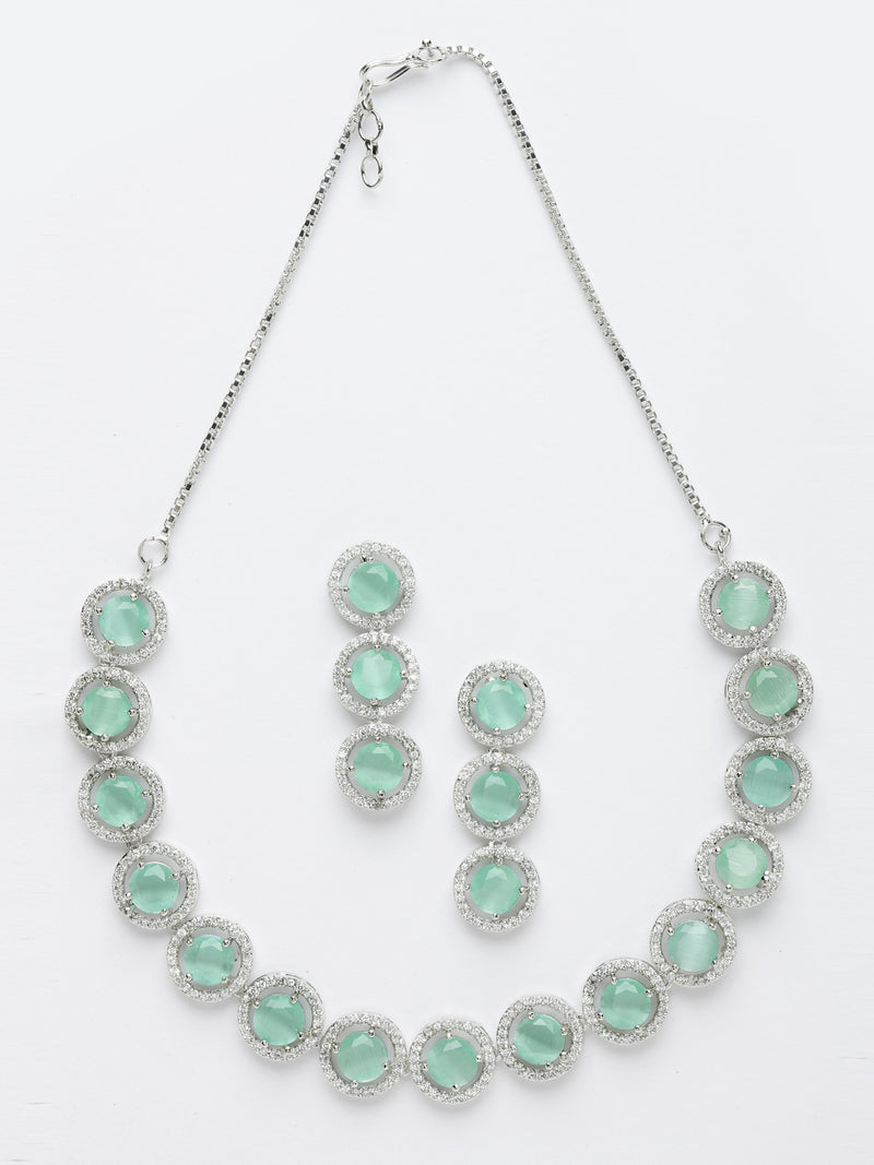 Rhodium-Plated with Silver-Toned Circular Shape Sea Green and White American Diamond Studded Jewellery Set