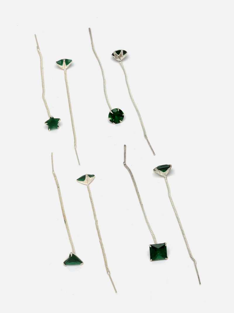 Rhodium-Plated Silver Toned Green American Diamond studded Needle Drop Earrings (Combo Of 4)