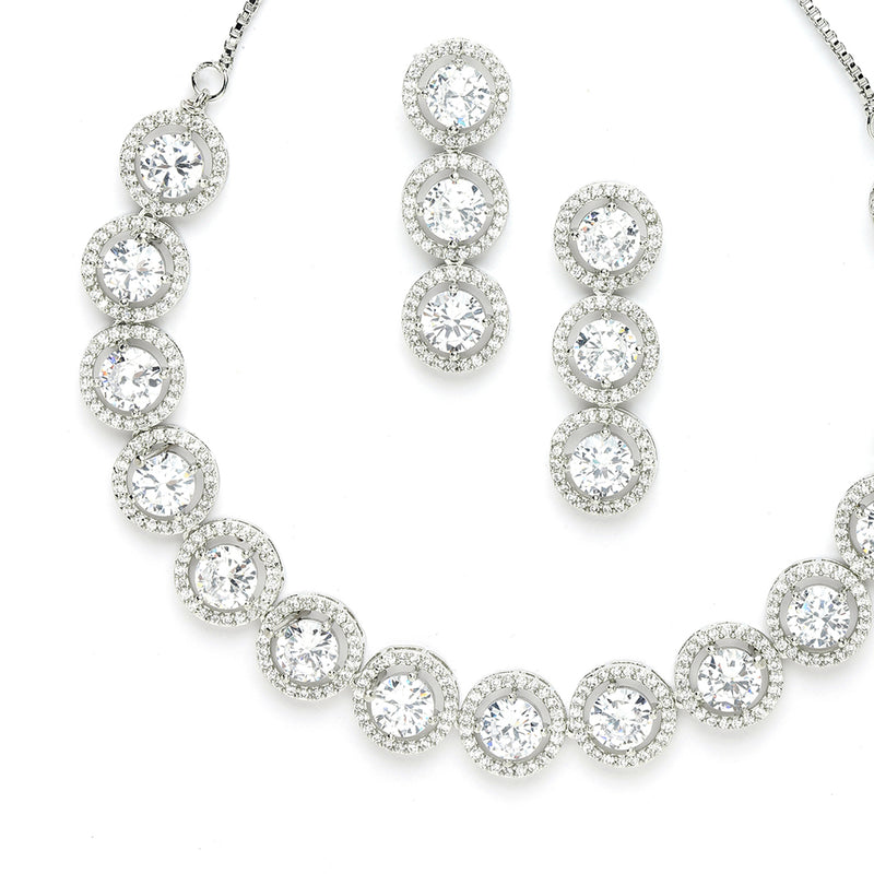 Rhodium-Plated with Silver-Toned Circular Shape White American Diamond Studded Jewellery Set