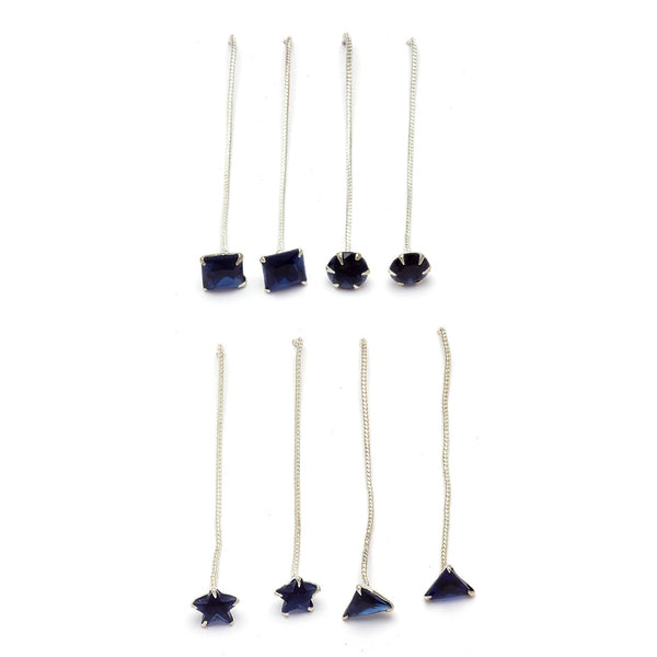 Rhodium-Plated Silver Toned Blue American Diamond studded Needle Drop Earrings (Combo Of 4)