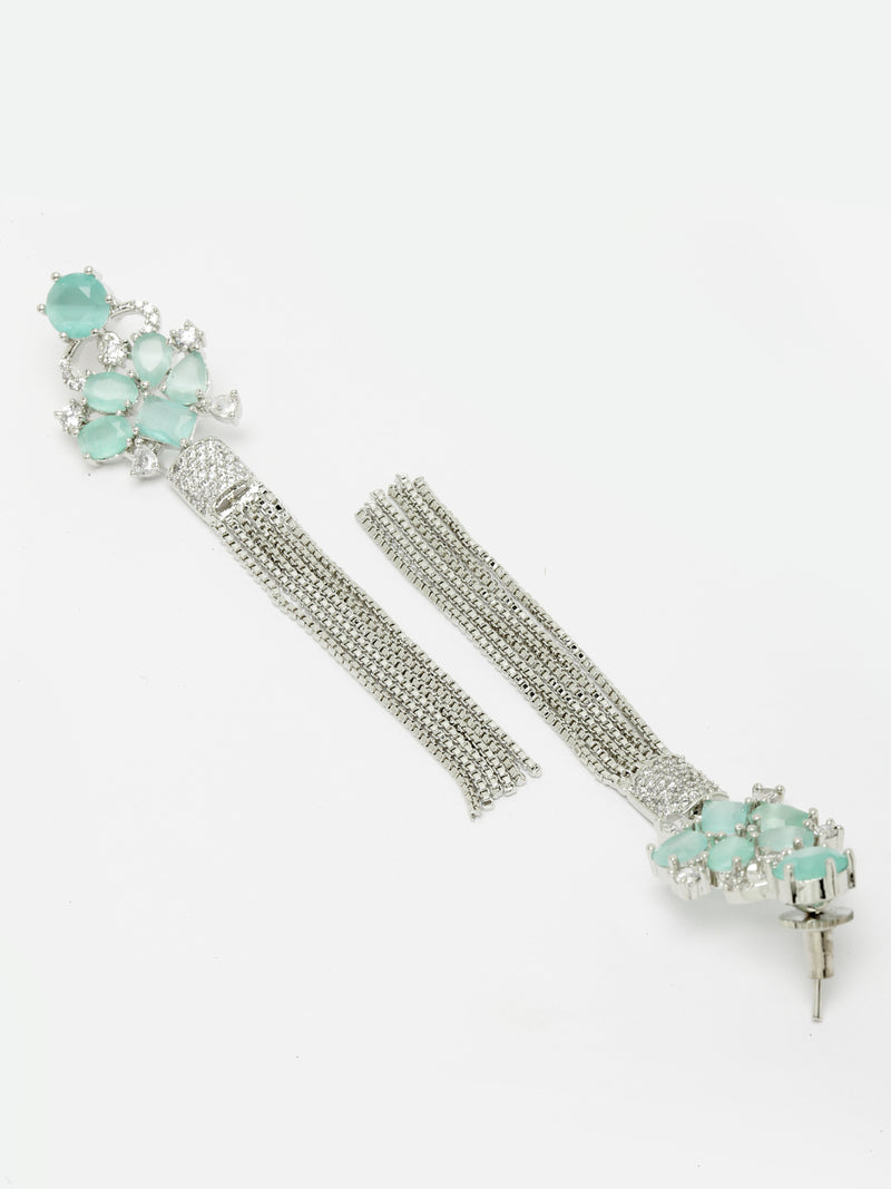 Sea Green Rhodium-Plated with Silver-Toned American Diamond Contemporary Drop Earrings