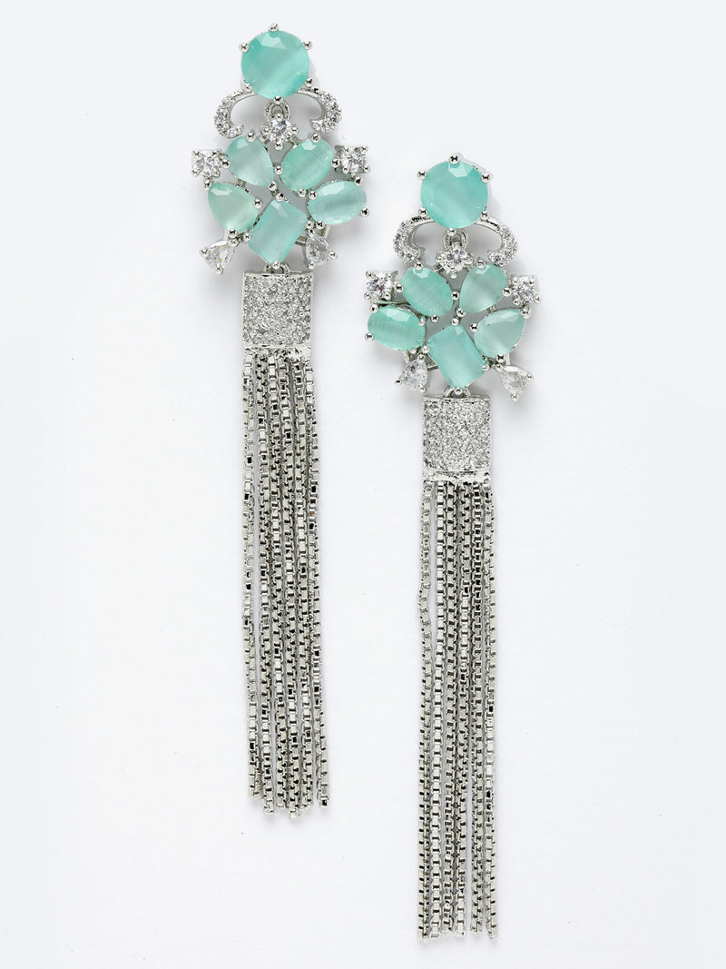 Sea Green Rhodium-Plated with Silver-Toned American Diamond Contemporary Drop Earrings