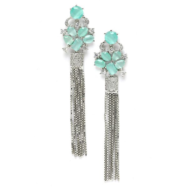 Sea Green Rhodium-Plated with Silver-Toned American Diamond Contemporary Drop Earrings