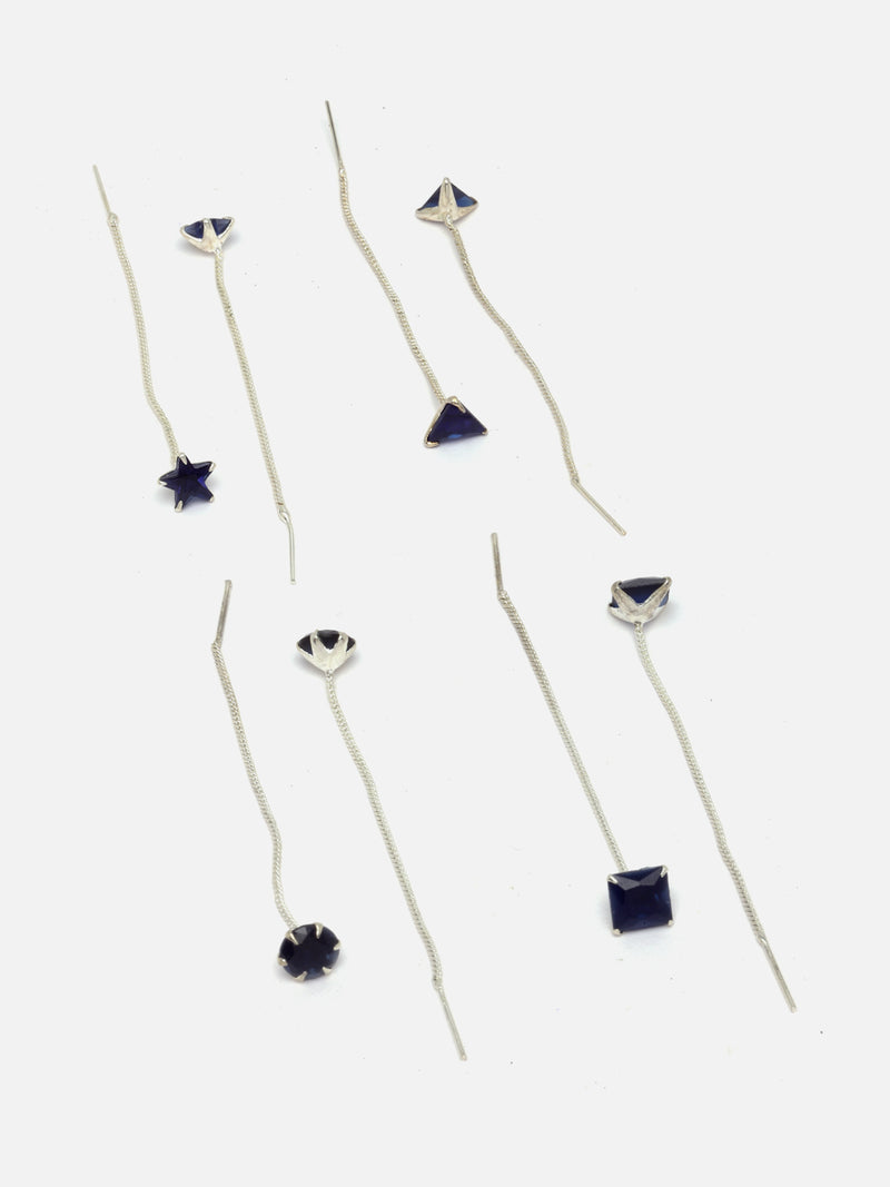 Rhodium-Plated Silver Toned Blue American Diamond studded Needle Drop Earrings (Combo Of 4)