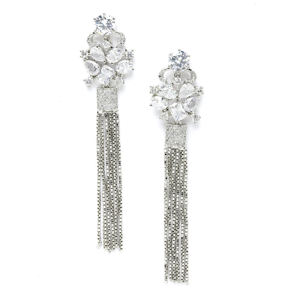 White Rhodium-Plated with Silver-Toned American Diamond Contemporary Drop Earrings