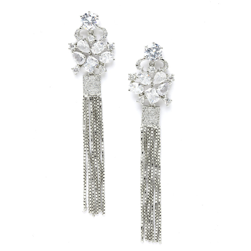 White Rhodium-Plated with Silver-Toned American Diamond Contemporary Drop Earrings