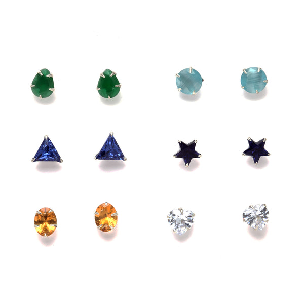 Rhodium-Plated Silver Toned Multi-Colour American Diamond studded Geometric Shape Stud Earrings (Combo Of 6)