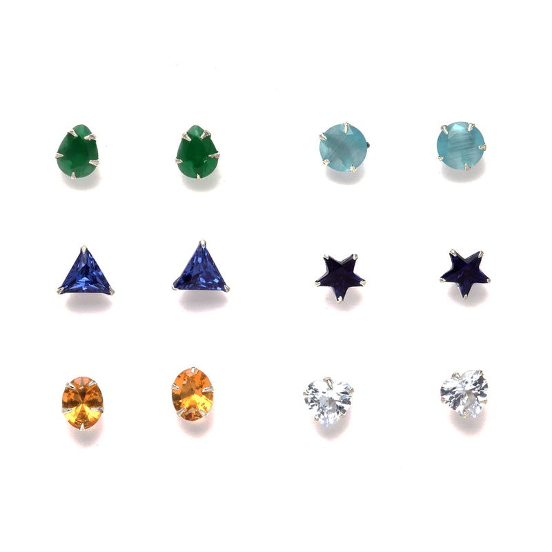 Rhodium-Plated Silver Toned Multi-Colour American Diamond studded Geometric Shape Stud Earrings (Combo Of 6)