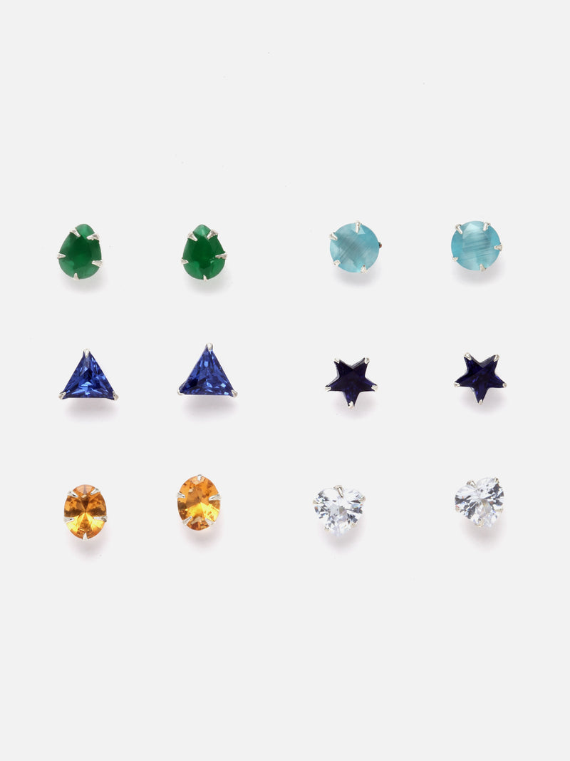 Rhodium-Plated Silver Toned Multi-Colour American Diamond studded Geometric Shape Stud Earrings (Combo Of 6)