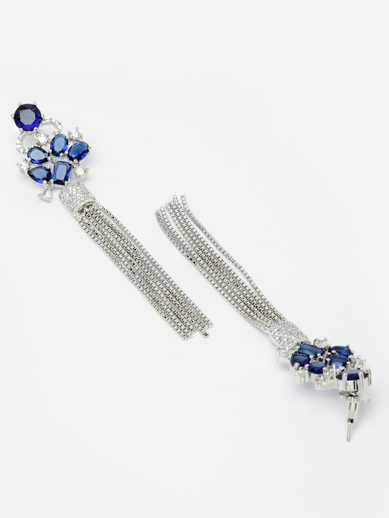 Navy Blue Rhodium-Plated with Silver-Toned American Diamond Contemporary Drop Earrings