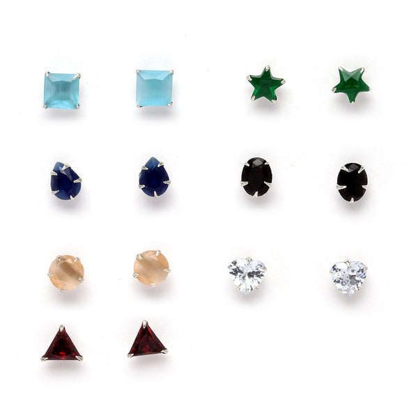 Rhodium-Plated Silver Toned Multi-Colour American Diamond studded Geometric Shape Stud Earrings (Combo Of 7)