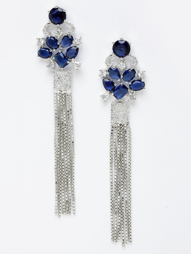 Navy Blue Rhodium-Plated with Silver-Toned American Diamond Contemporary Drop Earrings