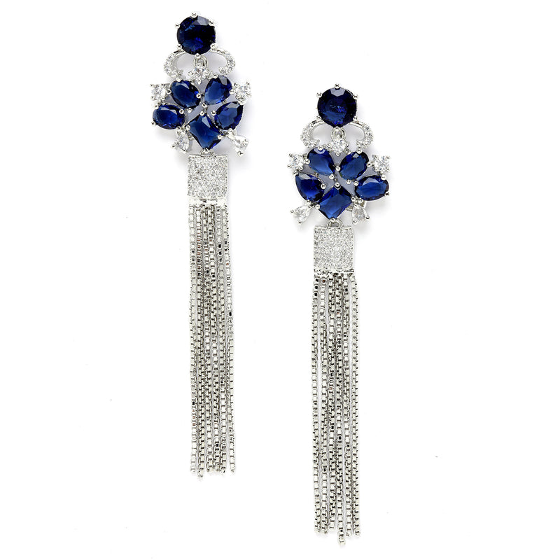 Navy Blue Rhodium-Plated with Silver-Toned American Diamond Contemporary Drop Earrings